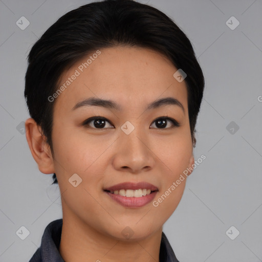 Joyful asian young-adult female with short  brown hair and brown eyes