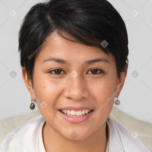 Joyful white young-adult female with medium  brown hair and brown eyes