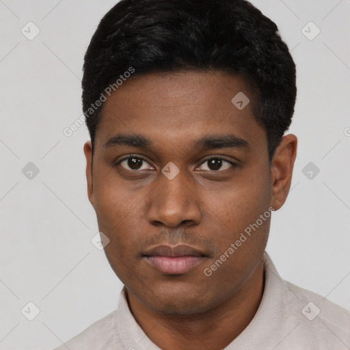 Neutral latino young-adult male with short  black hair and brown eyes