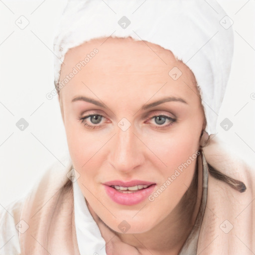 Joyful white young-adult female with long  brown hair and blue eyes