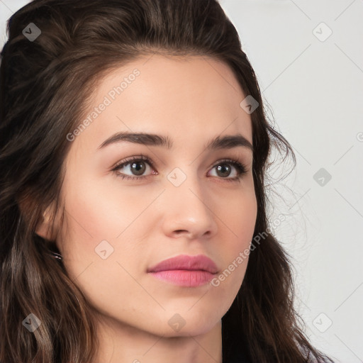 Neutral white young-adult female with long  brown hair and brown eyes