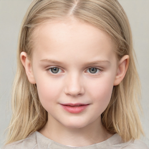 Joyful white child female with medium  brown hair and blue eyes