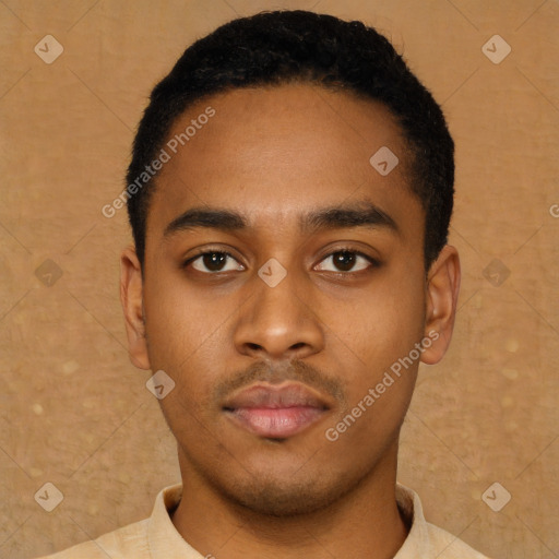 Neutral latino young-adult male with short  black hair and brown eyes