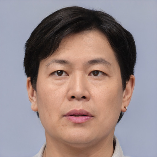 Neutral asian adult male with short  brown hair and brown eyes