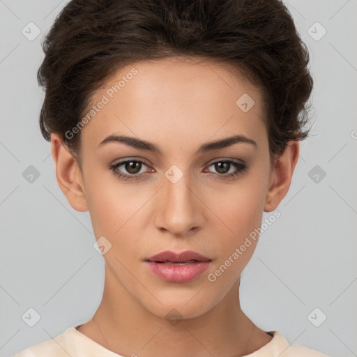 Neutral white young-adult female with short  brown hair and brown eyes