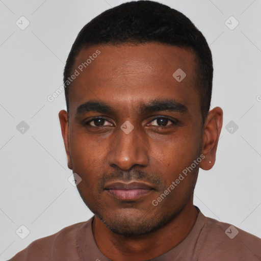 Neutral black young-adult male with short  black hair and brown eyes