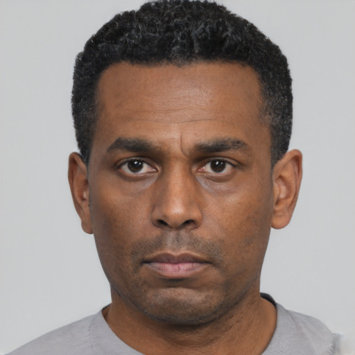 Neutral black adult male with short  black hair and brown eyes
