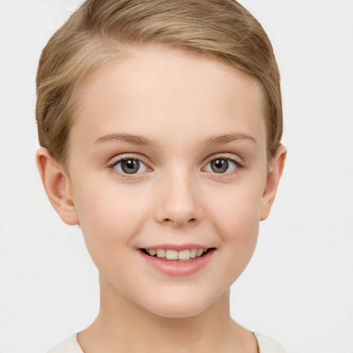 Joyful white child female with short  brown hair and grey eyes