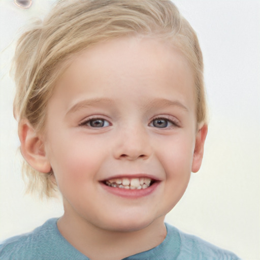 Joyful white child female with short  brown hair and blue eyes