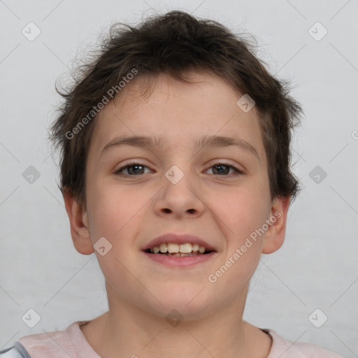 Joyful white child female with short  brown hair and brown eyes