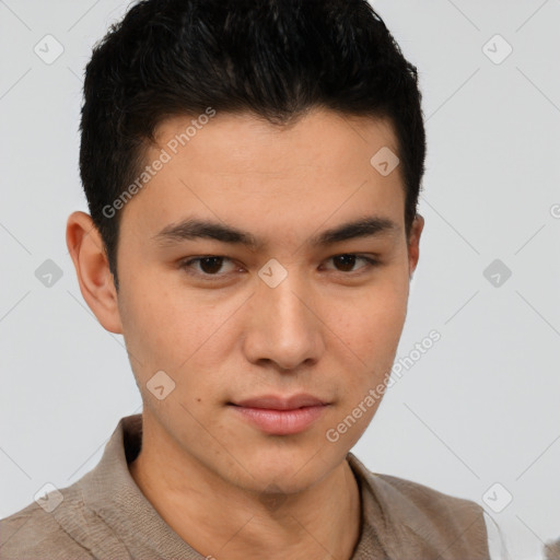 Neutral asian young-adult male with short  brown hair and brown eyes