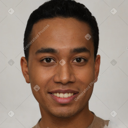 Joyful latino young-adult male with short  black hair and brown eyes