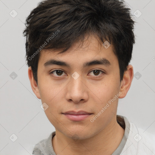 Neutral asian young-adult male with short  brown hair and brown eyes