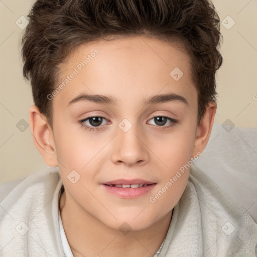 Joyful white child female with short  brown hair and brown eyes