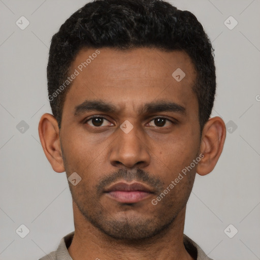 Neutral latino young-adult male with short  black hair and brown eyes