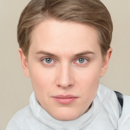 Neutral white young-adult female with short  brown hair and blue eyes