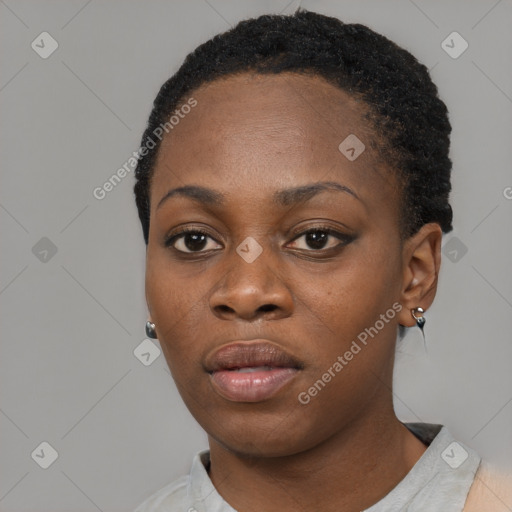 Neutral black young-adult female with short  black hair and brown eyes