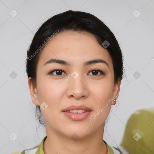 Joyful asian young-adult female with short  brown hair and brown eyes