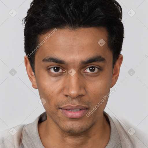 Neutral latino young-adult male with short  black hair and brown eyes