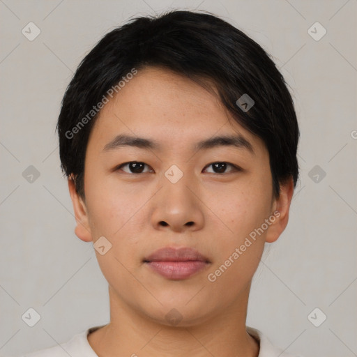 Neutral asian young-adult male with short  black hair and brown eyes