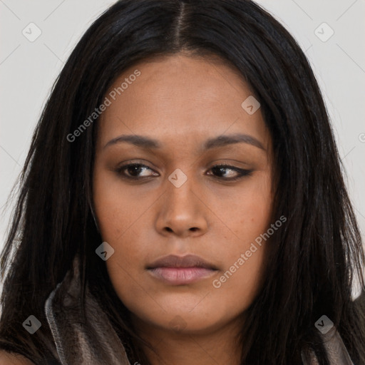 Neutral asian young-adult female with long  black hair and brown eyes