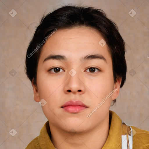 Neutral asian young-adult female with medium  brown hair and brown eyes