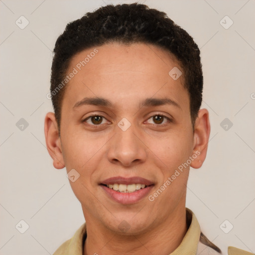 Joyful white adult female with short  brown hair and brown eyes