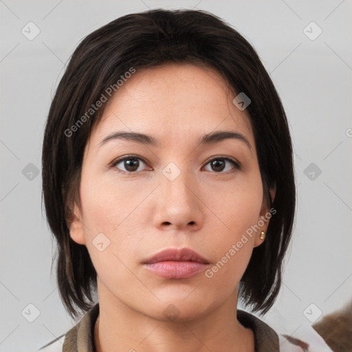 Neutral white young-adult female with medium  brown hair and brown eyes