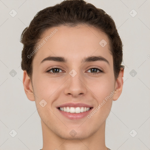 Joyful white young-adult female with short  brown hair and brown eyes