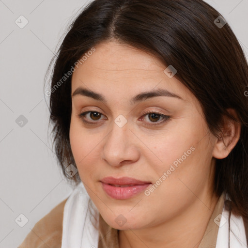 Joyful white young-adult female with medium  brown hair and brown eyes