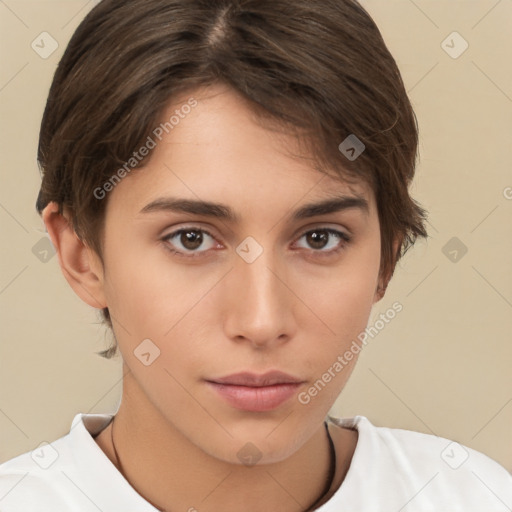 Neutral white young-adult female with short  brown hair and brown eyes