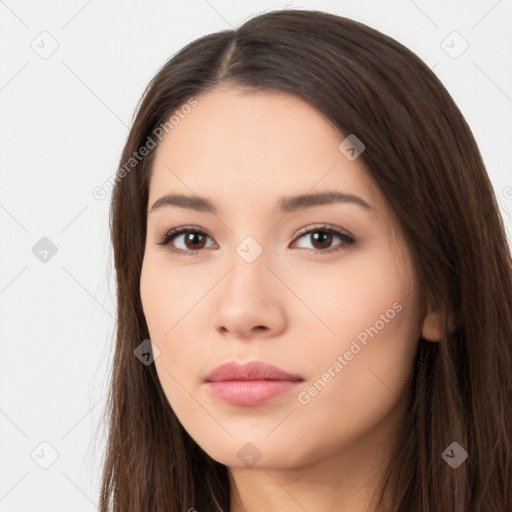 Neutral white young-adult female with long  brown hair and brown eyes