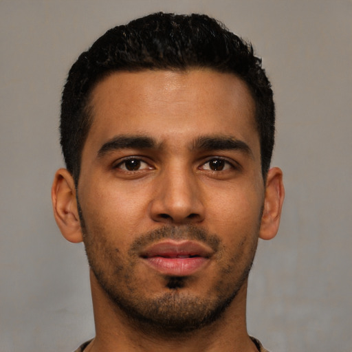 Neutral latino young-adult male with short  black hair and brown eyes