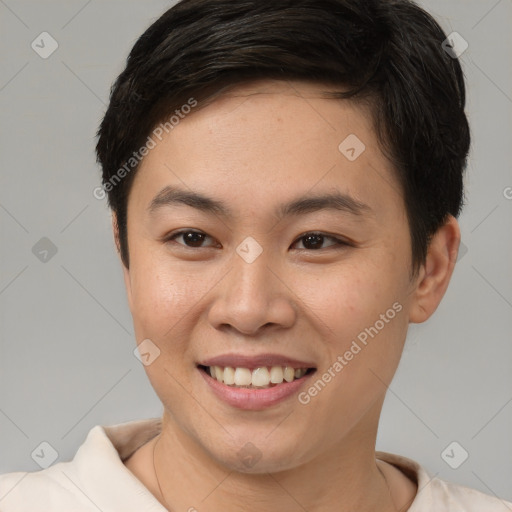 Joyful white young-adult female with short  brown hair and brown eyes