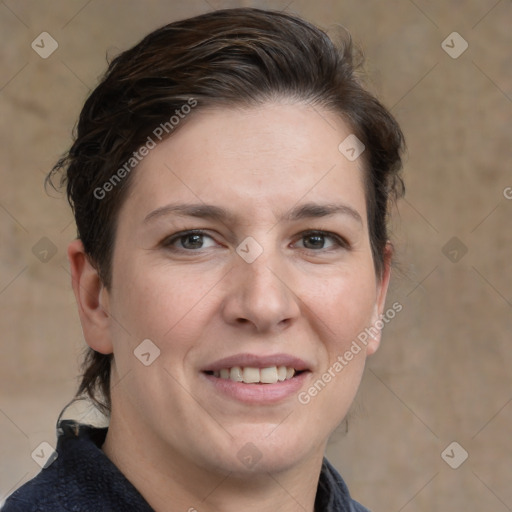 Joyful white adult female with medium  brown hair and grey eyes