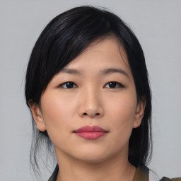 Neutral asian young-adult female with medium  black hair and brown eyes