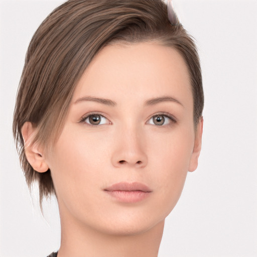 Neutral white young-adult female with short  brown hair and brown eyes