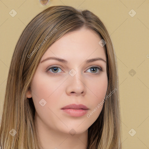 Neutral white young-adult female with long  brown hair and brown eyes