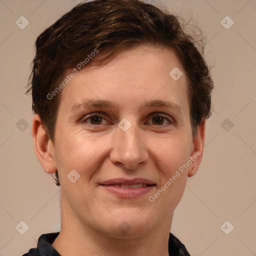 Joyful white adult female with short  brown hair and brown eyes