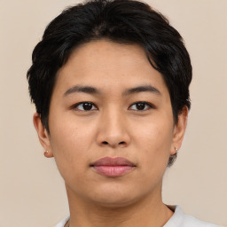 Neutral asian young-adult female with short  brown hair and brown eyes