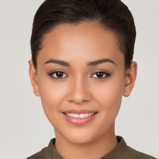 Joyful white young-adult female with short  brown hair and brown eyes