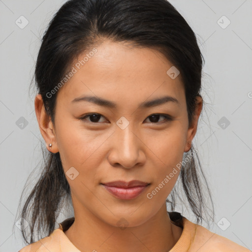 Joyful asian young-adult female with medium  brown hair and brown eyes