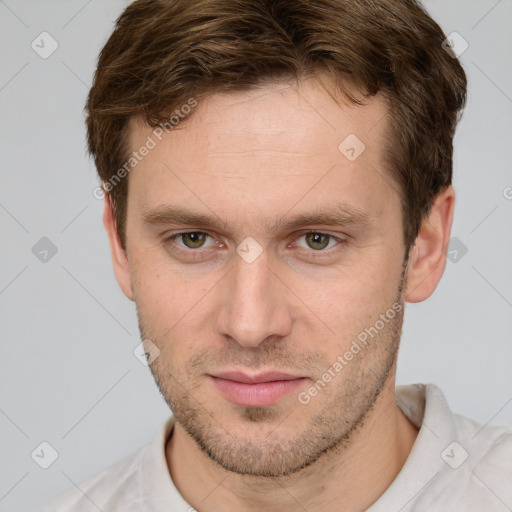 Neutral white young-adult male with short  brown hair and grey eyes