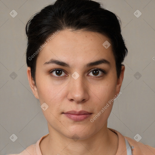 Neutral white young-adult female with short  brown hair and brown eyes