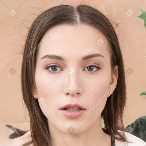 Neutral white young-adult female with medium  brown hair and brown eyes