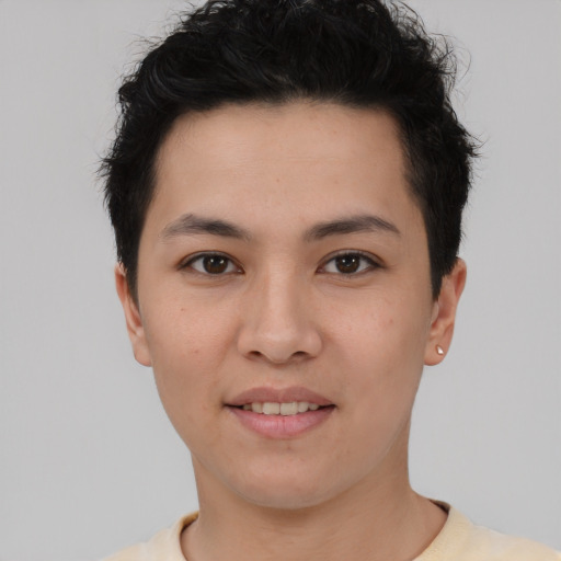 Joyful asian young-adult female with short  brown hair and brown eyes