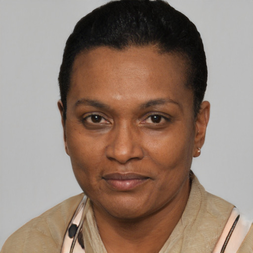 Neutral black adult female with short  black hair and brown eyes