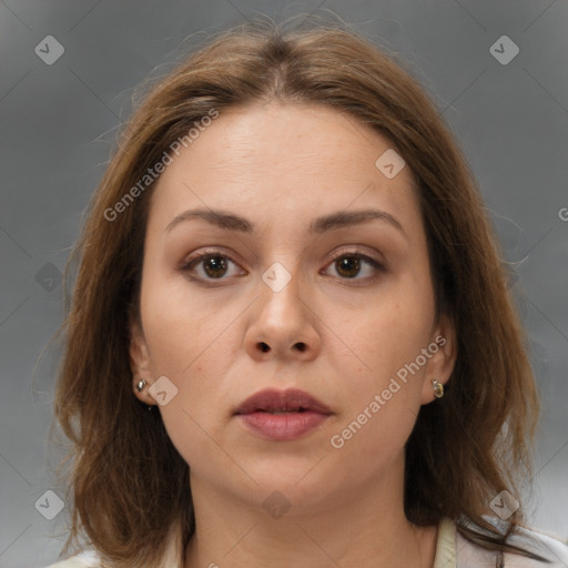 Neutral white young-adult female with medium  brown hair and brown eyes