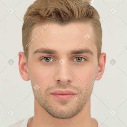 Neutral white young-adult male with short  brown hair and brown eyes