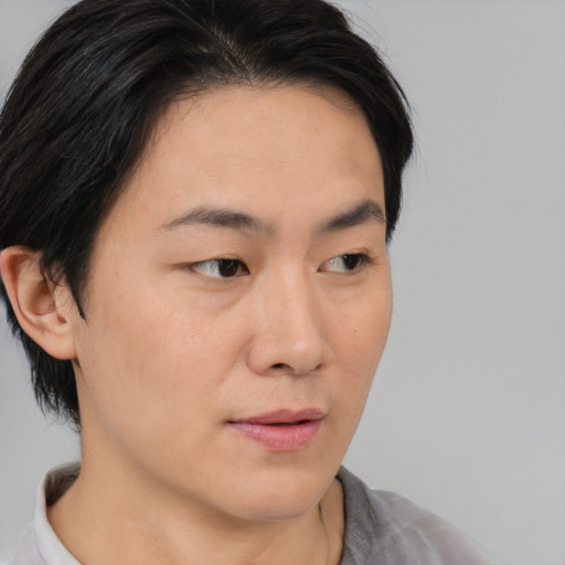 Neutral asian young-adult female with medium  brown hair and brown eyes